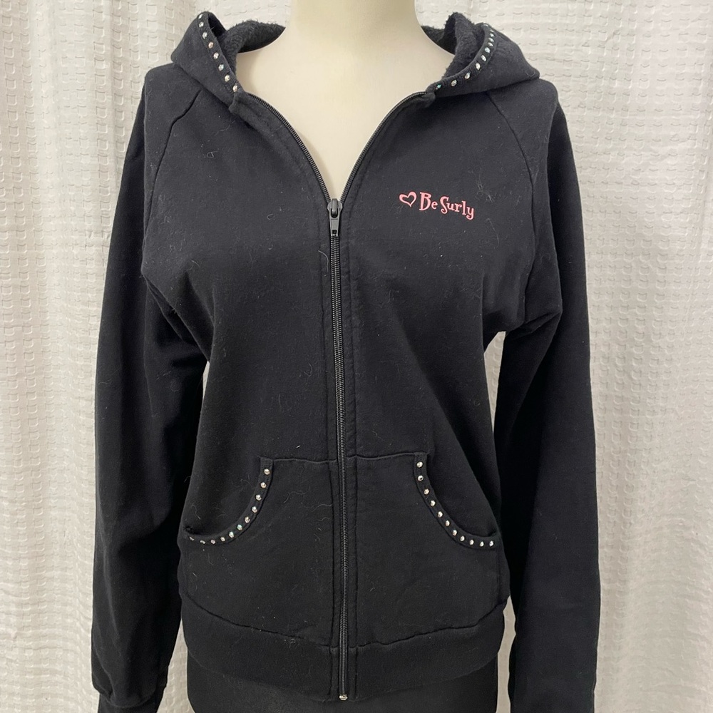 Surly Girl Black Zip Up Hoodie with Rhinestones Size M excellent condition